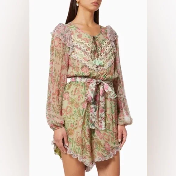 HEMANT & NANDITA Nora Romper in Viscose Paisley Print Long Sleeve Lace Detail - Picture 4 of 16
